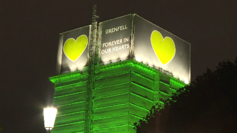 Grenfell Tower illuminated on 13 June 2024