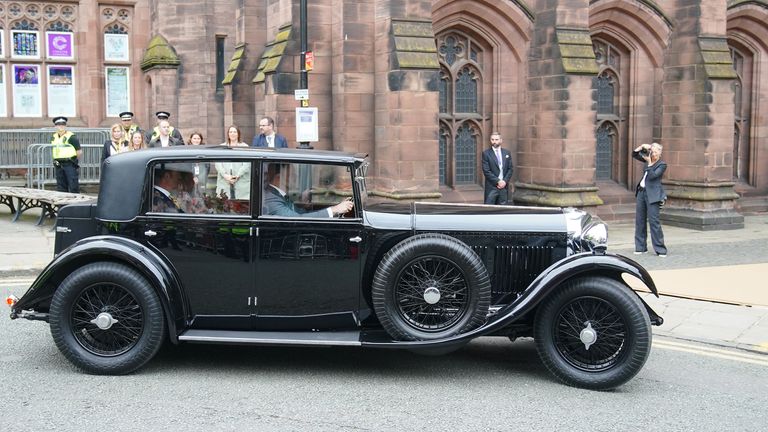 Olivia Henson arrives in a vintage car for her wedding to Hugh Grosvenor, the Duke of Westminster at Chester Cathedral. Picture date: Friday June 7, 2024. PA Photo. The Duke of Westminster is godfather to the Prince of Wales' son, Prince George, and also, reportedly, to the Duke of Sussex's son Prince Archie. See PA story ROYAL Westminster. Photo credit should read: Peter Byrne/PA Wire