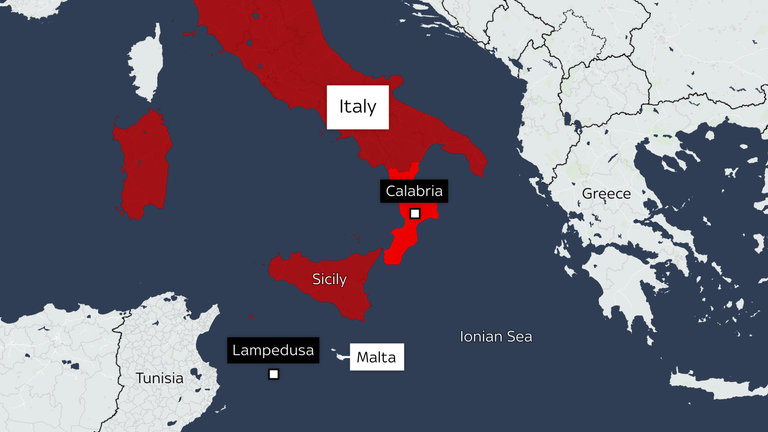 A map of Italy showing the Calabria region and the islands of Sicily, Malta and Lampedusa
