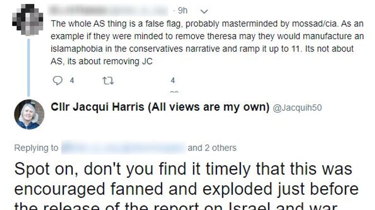 Jacqui Harris said a tweet saying antisemitism accusations directed at Labour were a "false flag" was "spot on"