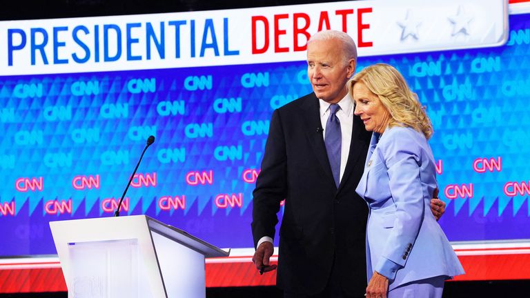 Joe Biden embraces first lady Dr. Jill Biden after the conclusion of a presidential debate.
Pic: Reuters