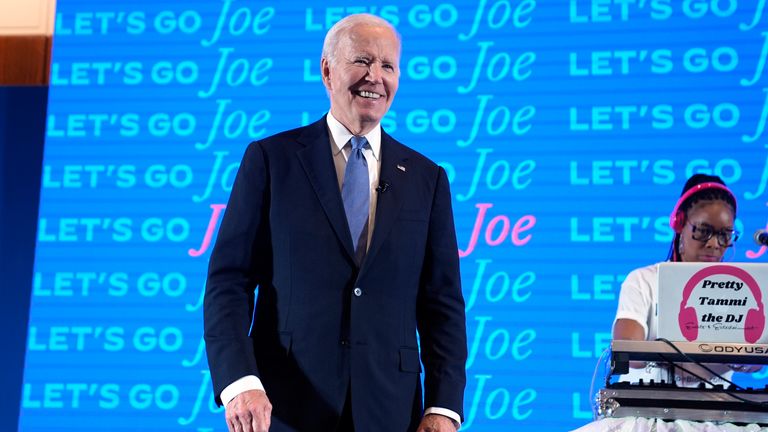President Joe Biden visits a presidential debate watch party.
Pic:AP