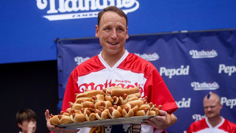 World Champion Joey Chestnut during the weigh-in ceremony ahead of 2023 Nathan's Famous Fourth of July International Hot Dog Eating Contest in Coney Island
File pic: Reuters