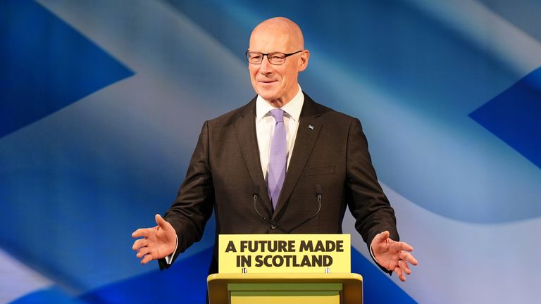 John Swinney speaking during the party's General Election manifesto launch.
Pic: PA