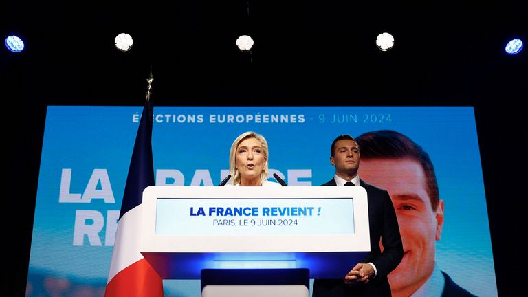 Marine Le Pen and Jordan Bardella at National Rally meeting. Pic: Reuters 