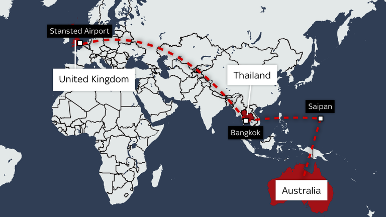 A map showing Julian Assange's journey from the UK to Australia