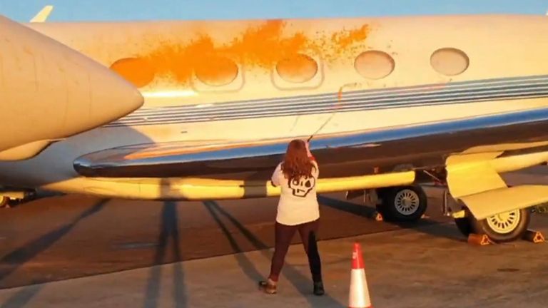 Just Stop Oil activists spray private jets with an orange substance