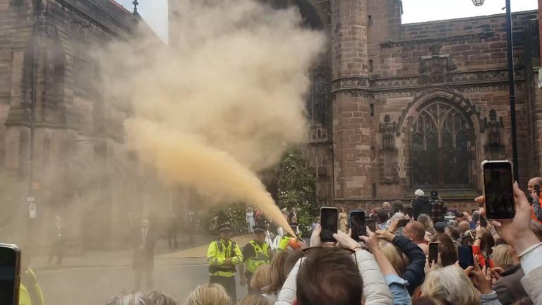 Wedding of the Duke of Westminster: protester uses fire extinguisher outside Chester Cathedral