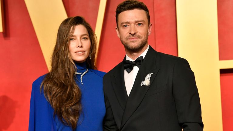 Jessica Biel and Justin Timberlake arrive at the Vanity Fair Oscar Party on Sunday, March 10, 2024. Pic: Evan Agostini/Invision/AP