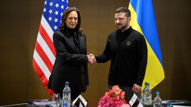 Kamala Harris shakes hands with Volodymyr Zelenskyy as they meet for a bilateral talk during the Summit on peace in Ukraine, in Stansstad near Lucerne, Switzerland, Saturday, June 15, 2024. Heads of state gather at the Buergenstock Resort in Switzerland. Pic: Reuters