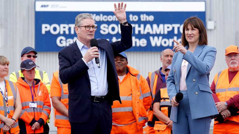 Pic: Stefan Rousseau/PA
Labour Party leader Sir Keir Starmer and shadow chancellor Rachel Reeves during a visit to Ocean Gate, Eastern Docks in Southampton, while on the General Election campaign trail. Picture date: Monday June 17, 2024. PA Photo. See PA story POLITICS Election Labour. Photo credit should read: Stefan Rousseau/PA Wire         