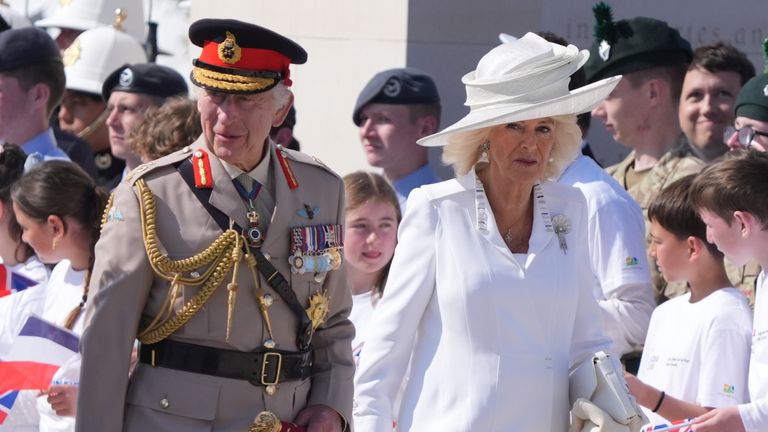 Photo: PA King Charles III and Queen Camilla are greeted by British cadets and French primary school pupils as they arrive for the UK's national commemorative event for the 80th anniversary of D-Day, held at the British Normandy Memorial in Ver-sur-Mer , Normandy, France.  Photo date: Thursday, June 6, 2024.