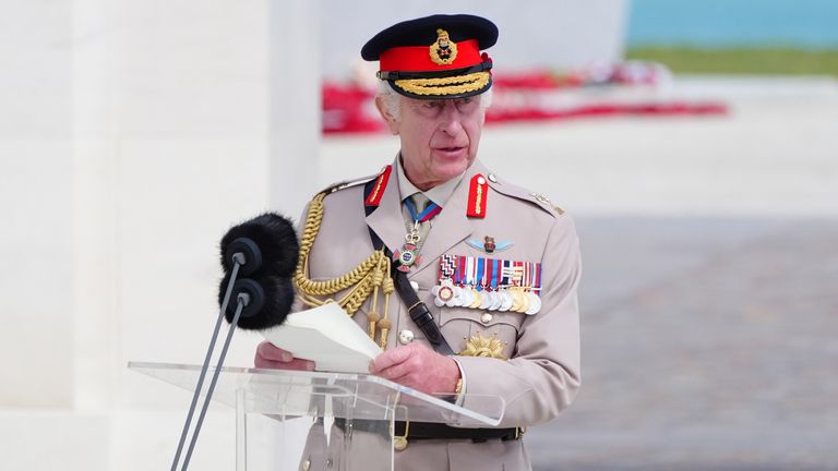 Pic: PA
King Charles III speaking during the UK national commemorative event for the 80th anniversary of D-Day, held at the British Normandy Memorial in Ver-sur-Mer, Normandy, France. Picture date: Thursday June 6, 2024.