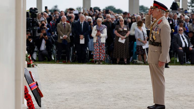 Charles lays a wreath during a commemorative ceremony marking the 80th anniversary of D-Day of the Second World War.  Photo: AP