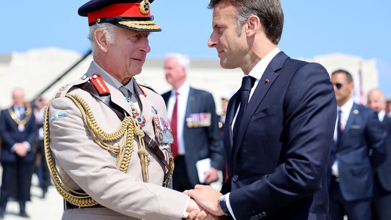 Pic: Reuters
Britain's King Charles and President of France, Emmanuel Macron attend the UK Ministry of Defence and the Royal British Legion's commemorative event at the British Normandy Memorial to mark the 80th anniversary of D-Day in Ver-Sur-Mer, France, June 06, 2024. Chris Jackson/Pool via REUTERS
