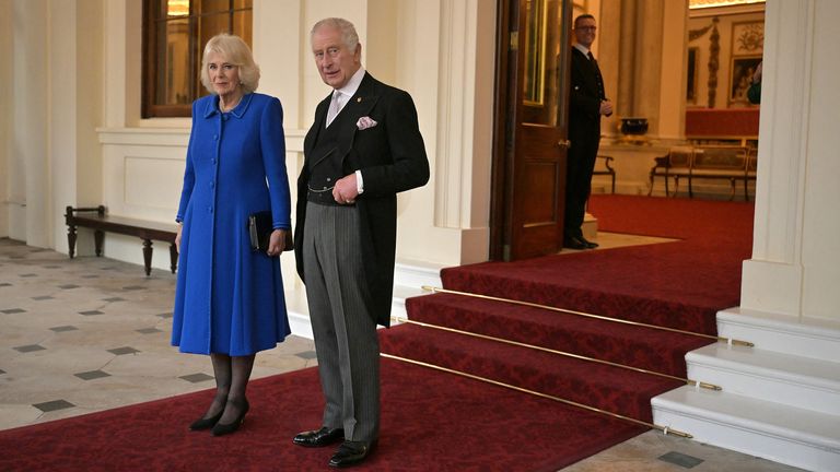 Britain's King Charles III and his wife Britain's Queen Camilla look toward members of the media during a formal farewell to South Korea's President Yoon Suk Yeol and South Korea's First Lady Kim Keon Hee, as they leave Buckingham Palace on the last day of the President's state visit, in central London, Britain November 23, 2023. BEN STANSALL/Pool via REUTERS
