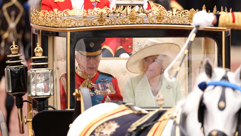 King Charles and Queen Camilla attend the Trooping the Colour parade.
Pic: Reuters
