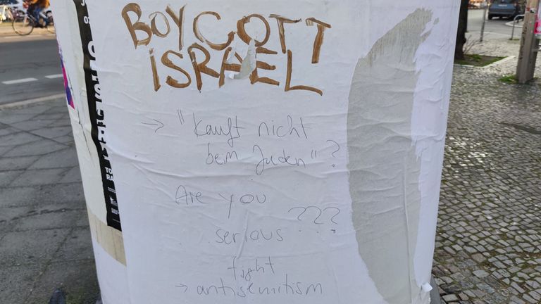 'Boycott Israel' has been written on a pillar in Kreuzberg - underneath it someone has written: "Are you serious???? Fight Antisemitism". Pic: dts News Agency Germany/Shutterstock