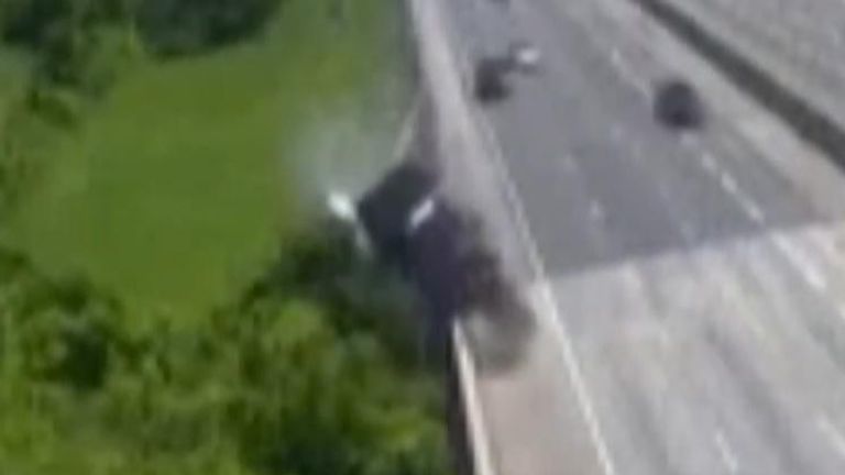 This CCTV captures the moment a lorry fell off a highway in Tennessee and crashed into a creek below.