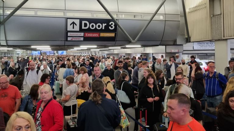 Passengers in the airport are facing significant delays. Pic: X/SebbieJ