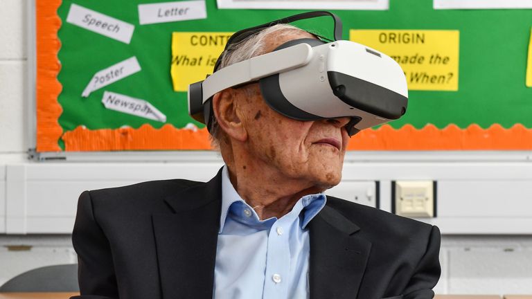 Manfred Goldberg, a Holocaust survivor, using Testimony 360. Pic: Holocaust Educational Trust/PA 


