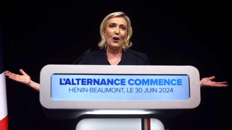 Marine Le Pen reacts after first round results of the 2024 snap legislative elections. Pic: Reuters 