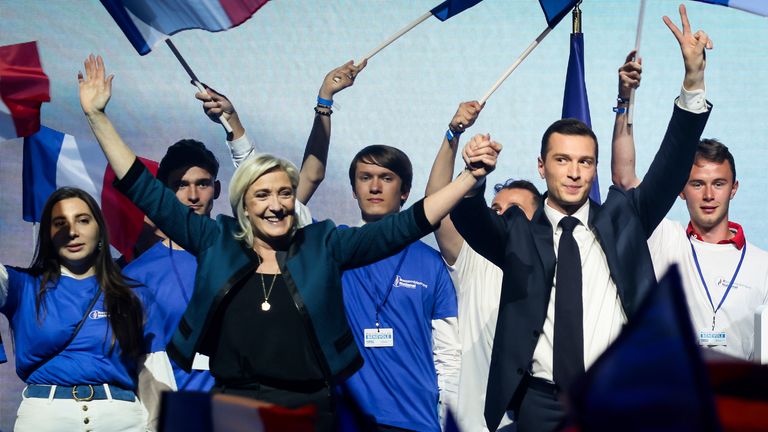 Marine Le Pen and Jordan Bardella at a National Rally event ahead of the European Parliament elections. Pic: AP