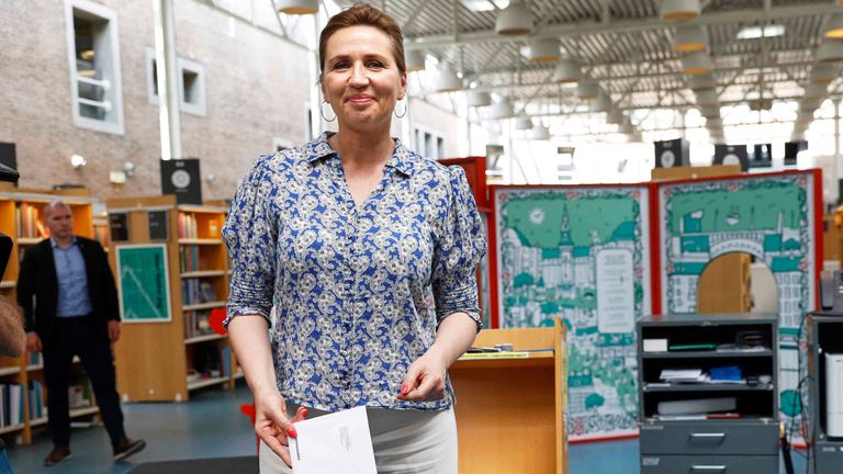 Denmark's Prime Minister Mette Frederiksen gives her advanced vote for the European Parliament elections at the main library in Aalborg, Jutland, Denmark, Saturday June 1, 2024. Pic: AP 