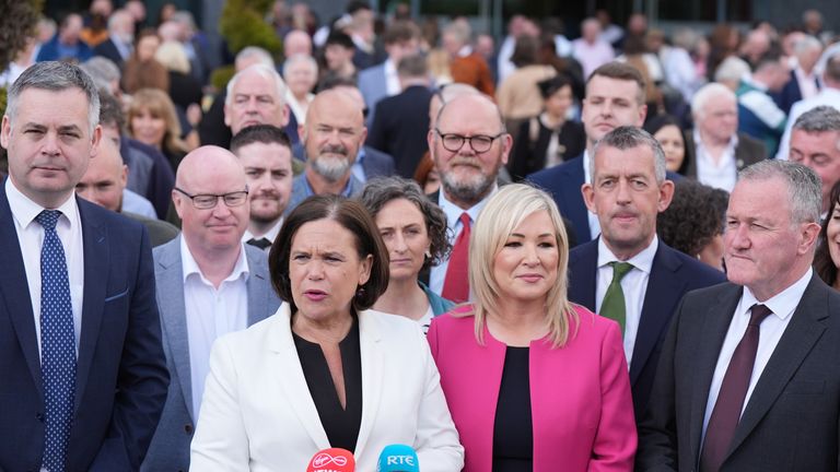 (Front L-R) Sinn Fein leader Mary Lou McDonald, Stormont First Minister Michelle O'Neill. Pic: PA