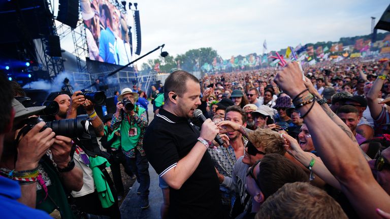 Mike Skinner of The Streets joined the crowd during their Glastonbury performance.  Photo: Ben Birchall/PA
