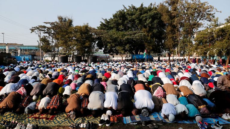 Muslims hold Eid al-Adha prayers in Nairobi.
Pic: Reuters
