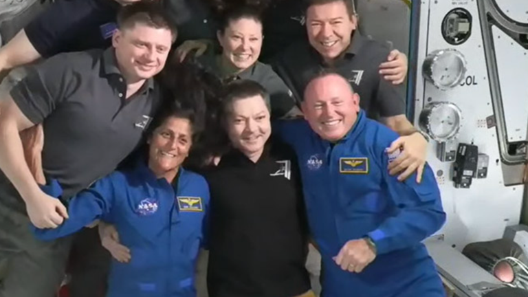 Suni Williams (front left) and Butch Wilmore (front right) pose with fellow astronauts as they enter the ISS on 6 June. Credit: NASA TV
