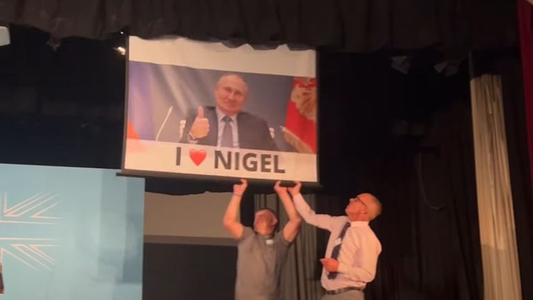 Nigel Farage&#39;s speech in Walton on the Naze interrupted by a banner from campaign group Led By Donkeys. Pic: X/@ByDonkeys