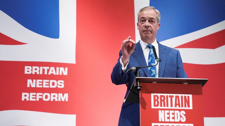 Honorary President of the Reform UK party Nigel Farage gestures during a press conference in London, Britain, June 3, 2024. REUTERS/Maja Smiejkowska