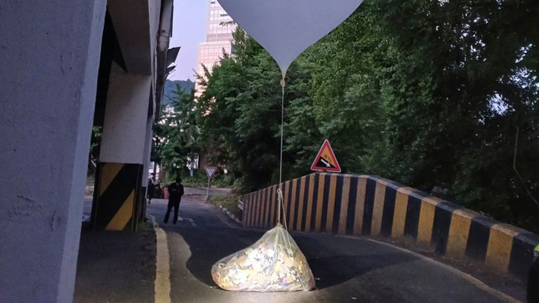 This photo provided by Incheon Fire Headquarters shows balloons with trash presumably sent by North Korea, in Incheon, South Korea, Sunday, June 2, 2024.