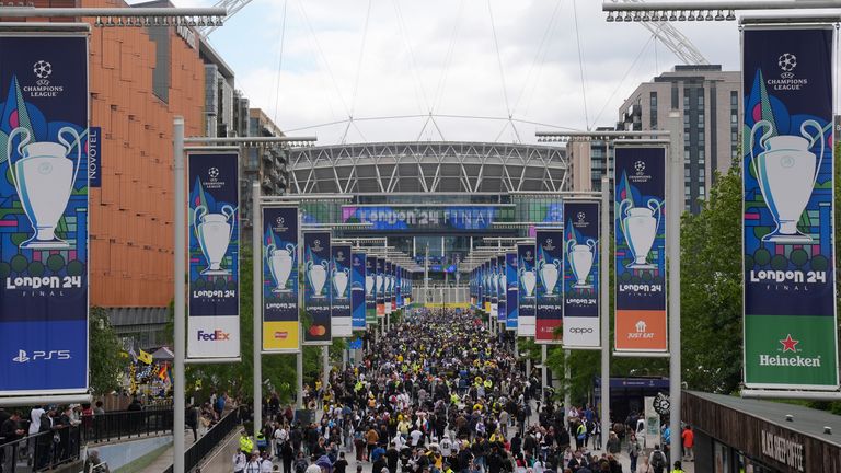 Fans on Olympic Way ahead of the Champions League final. Pic: Lucy North/PA