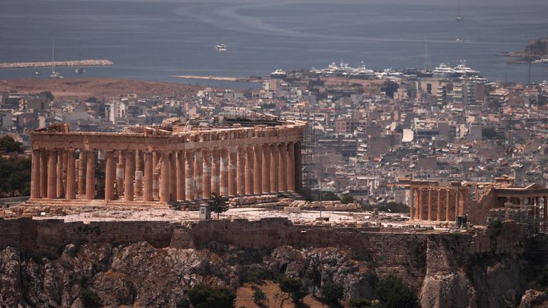 A view of the Parthenon temple as the Acropolis hill archaeological site is closed to visitors due to a heatwave hitting Athens, Greece.
Pic: Reuters