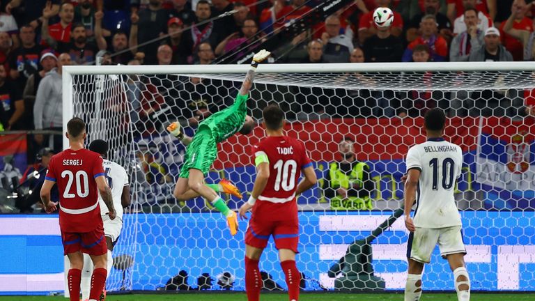 Jordan Pickford pulled off a great second-half save. Pic: Reuters