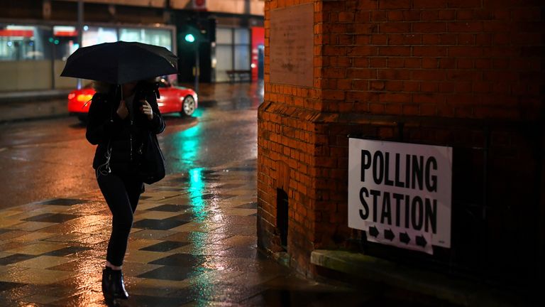 A woman walks in the rain outside a polling station in London, during the 2019 general election. Pic: Reuters