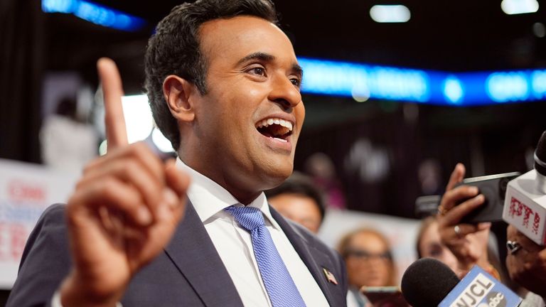 Vivek Ramaswamy speaks to reporters in the spin room before the  presidential debate.
Pic: AP