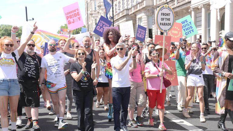 London Mayor Sadiq Khan joins the Pride parade in London.  Photo:PA