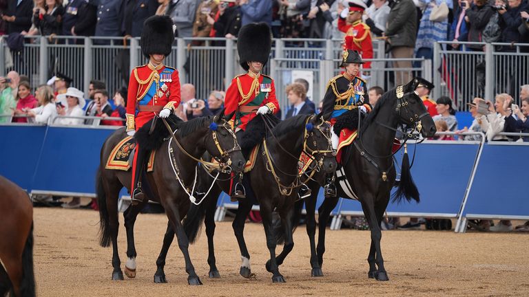 (left to right) The Prince of Wales, Duke of Edinburgh and the Princess Royal, arrive for the Trooping the Colour ceremony at Horse Guards Parade, central London, to celebrate King Charles III's official birthday. Picture date: Saturday June 15, 2024. PA Photo. See PA story ROYAL Trooping. Photo credit should read: Yui Mok/PA Wire