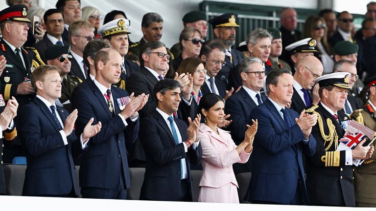 The Prince of Wales, Grant Shapps, Rishi Sunak, Akshata Murty, Keir Starmer and David Cameron attend a commemorative event for the 80th anniversary of D-Day, in Portsmouth.
Pic: ReutersPic: Reuters