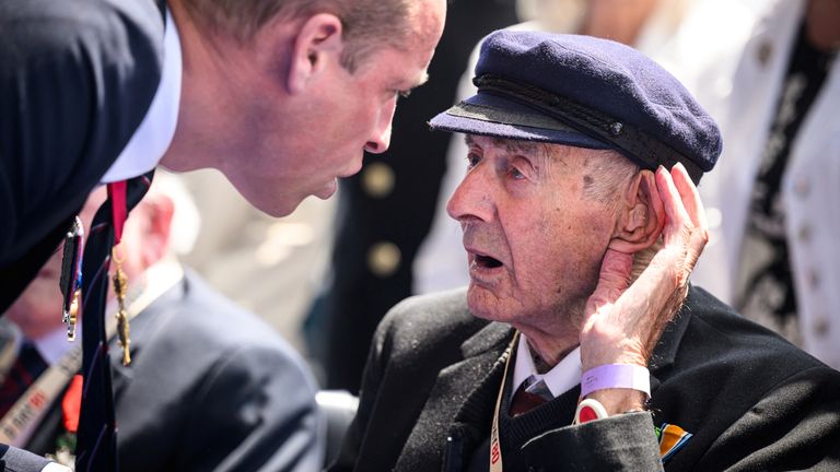 The Prince of Wales speaks with a D-Day veteran as King Charles III and Queen Camilla lead the commemorative events in Portsmouth.
Pic:Reuters
