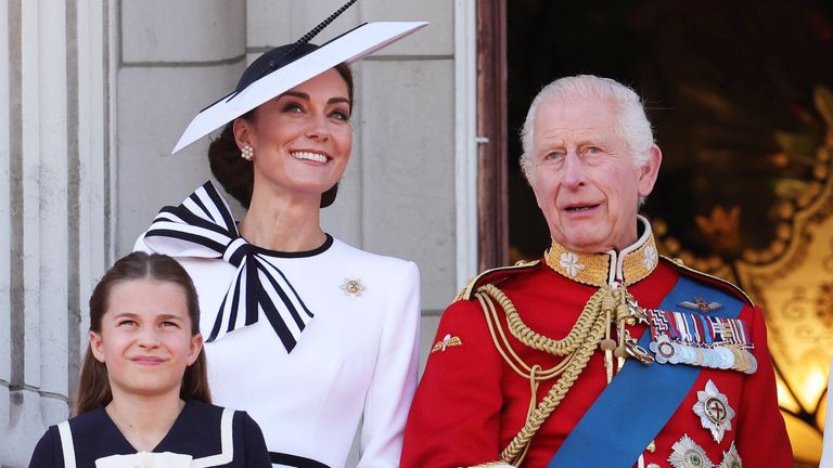 Princess of Wales and King Charles stand on the balcony at Buckingham Palace to watch the RAF flypast.
Pic: Kensington Palace
