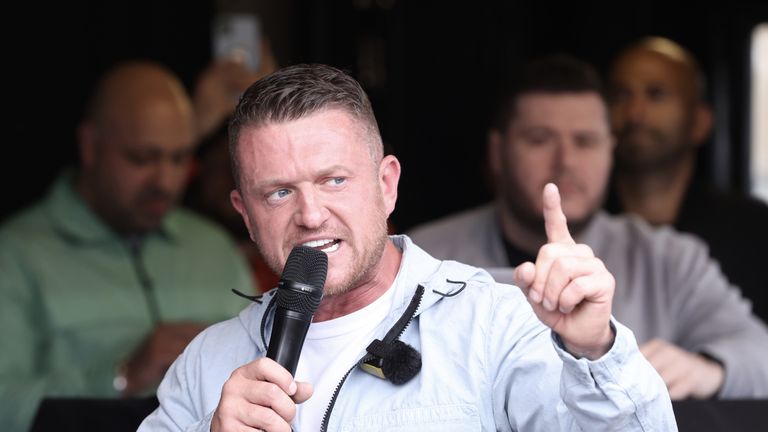 Tommy Robinson, whose real name is Stephen Yaxley Lennon, speaks during a protest march at Parliament Square in London. Groups from across the UK linked to football disorder are expected to attend the event the Metropolitan Police said. Picture date: Saturday June 1, 2024. PA Photo. A static counter-protest, organised by Stand Up To Racism, will take place in Whitehall from midday. See PA story POLICE Protest. Photo credit should read: David Parry/PA Wire 