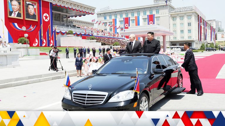 Russia's President Vladimir Putin and North Korea's leader Kim Jong Un attend an official welcoming ceremony at Kim Il Sung Square in Pyongyang, North Korea June 19, 2024. Sputnik/Gavriil Grigorov/Pool via REUTERS ATTENTION EDITORS - THIS IMAGE WAS PROVIDED BY A THIRD PARTY.