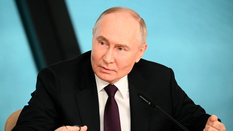 
Russian President Vladimir Putin speaks to senior news leaders of international news agencies on the sidelines of the St. Petersburg International Economic Forum at the Lakhta Center skyscraper, the headquarters of Russian gas monopoly Gazprom in St. Petersburg, Russia, Wednesday, June 5, 2024. The Russian leader has used the annual forum as a showcase for touting Russia's development and seeking investors. (Vladimir Astapkovich, Sputnik, Kremlin Pool Photo via AP)