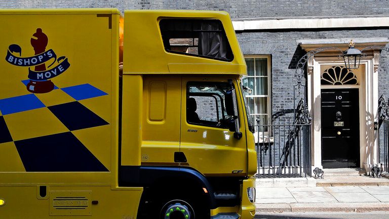 A removal van pops into Downing Street in London, Thursday, July 25, 2019.(AP Photo/Frank Augstein)