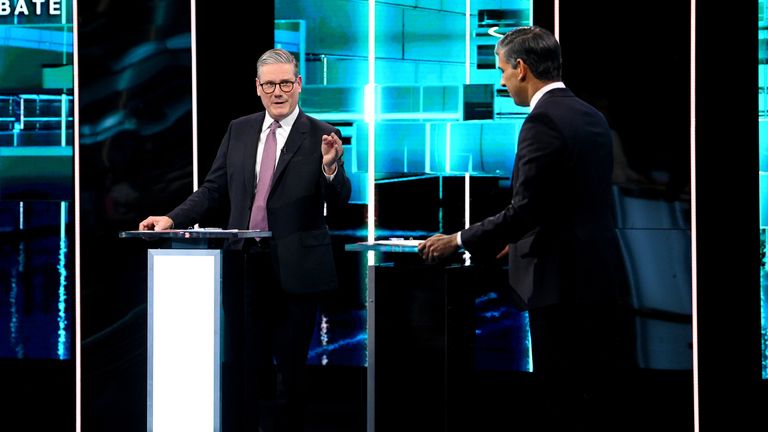 Rishi Sunak and Keir Starmer during the ITV General Election debate at MediaCity in Salford.
Pic: ITV/PA
